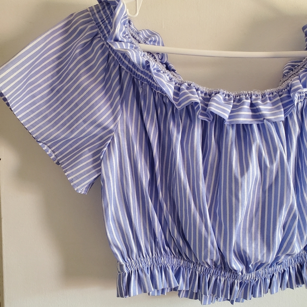 Zara striped off the shoulder Crop Top Bow Back Size S Preppy Feminine Coastal - Picture 3 of 13
